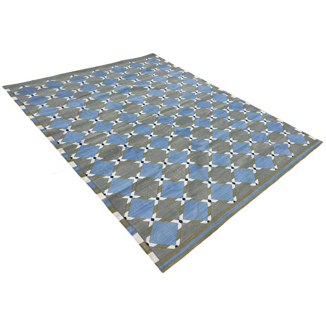Casa Cosima Handwoven Cotton Area Rug, Grey, Sky Blue, Green and Cream Geometric Dhurrie - 9'x12' For Sale - Image 4 of 13