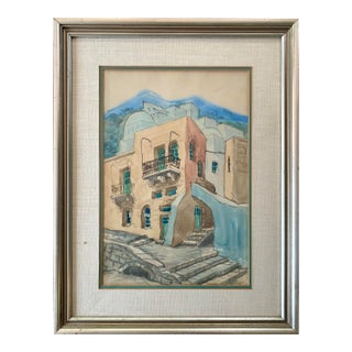 Framed Watercolor by Zvi Ehrman, 1970s – Street Scene in Safed, Israel – Jewish Artist For Sale