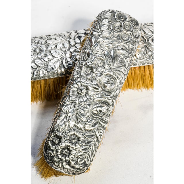Wood Beautiful Gorham Antique Victorian Floral Repoussé Sterling Silver Vanity Dresser Brushes For Sale - Image 7 of 16