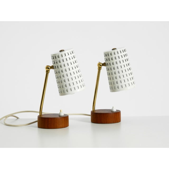 Mid-Century Modern Bedside Lamps with Perforated Metal Shades and Teak Bases, 1950s, Set of 2 For Sale - Image 4 of 18