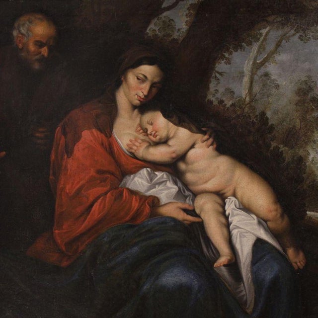 An important 17th-century Flemish painting. Oil on canvas, on the first canvas, depicting the Rest on the Flight into...