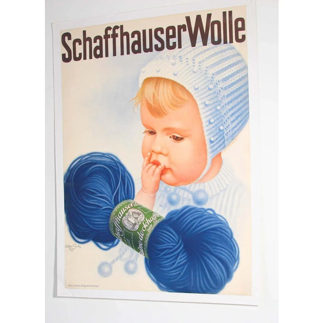 Textile Vintage Poster Swiss Schaffhauser Wolle Wool Yarn Knitting 1934 Baby Blue For Sale - Image 7 of 13