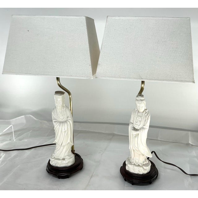 Asian Pair of Asian Style Vintage Blank De Chine Porcelain Figural Lamps For Sale - Image 3 of 12
