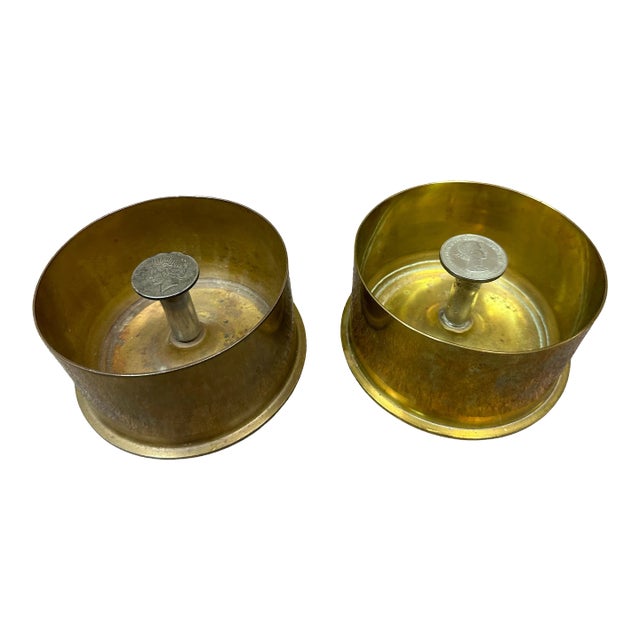 Early 20th Century Pair of Trench Art Catchalls or Ashtrays of Brass Artillery Shell Casings With Coins For Sale