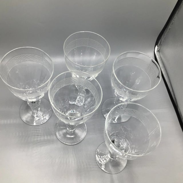 Morgantown Glass Morgantown "Eton" Water Goblets Cut Ball Stem, With Cross Hatch Band -Set of 5 Crystal Glasses For Sale - Image 4 of 13