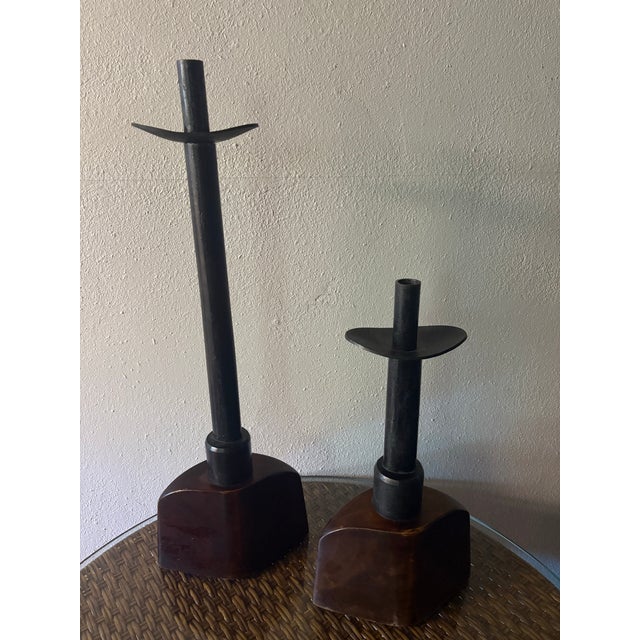 Metal Pair of Rare Retired David Gulassa Candlesticks Wood & Bronze. Renowned Artist From the Pacific Northwest. These Are Heavy and Gorgeous - For Sale - Image 7 of 8