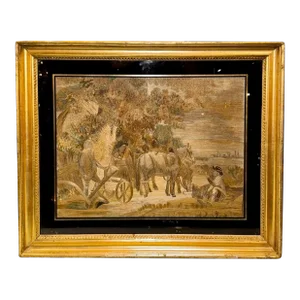 19th Century English Framed Silk Panel With Horses and Wagon