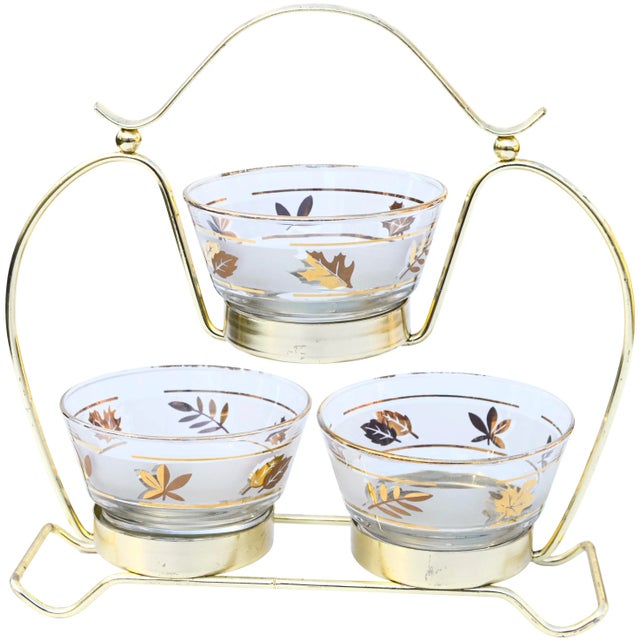 Gold Vintage Golden Leaf-Patterned Frosted Glass Bowls With Caddy - 4 Pieces For Sale - Image 8 of 8