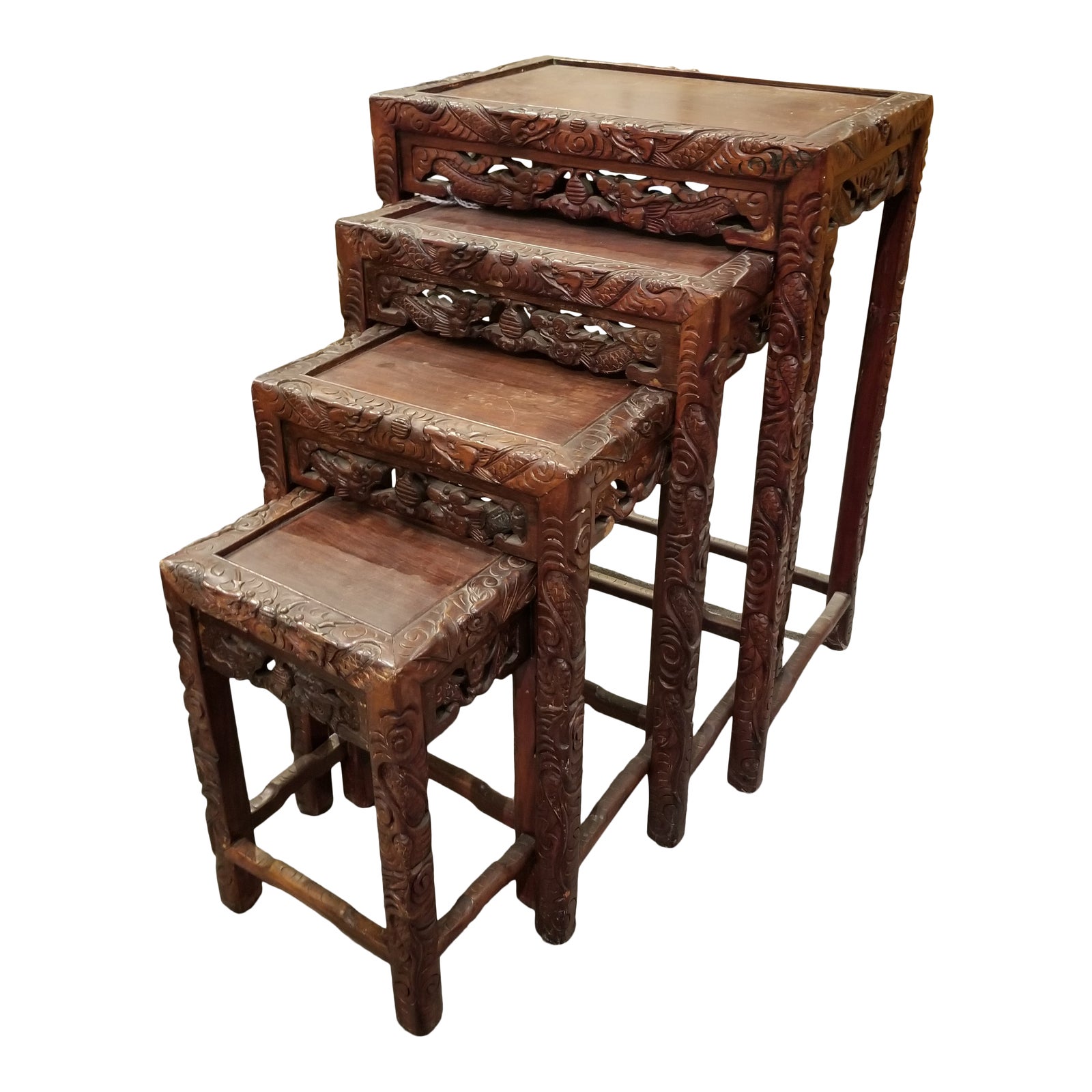 Vintage HandCarved Ornate Chinese Export Rosewood Nesting Tables Set