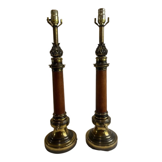 1970s Mid Century Modern Brass/Wood Stiffel Table Lamps - Set of 2 For Sale