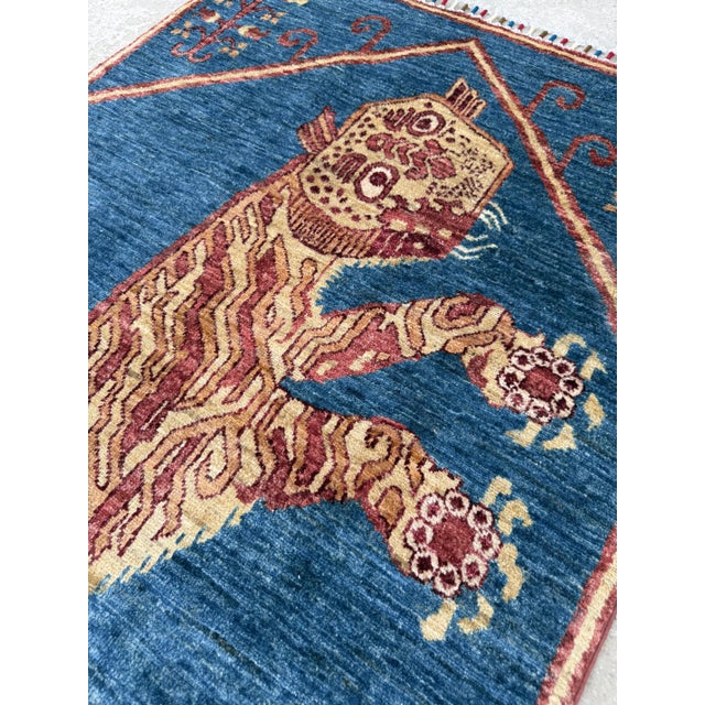 Textile Blue Gold Hand Knotted Tibetan Tiger Pictorial Wool Rug, 03'01 X 04'08 For Sale - Image 7 of 10