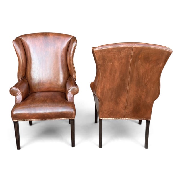 Pair of Vintage Cognac Leather Wingback Chairs With Louis XVI–Style Fluted Legs For Sale In Los Angeles - Image 6 of 11