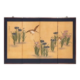 C. 1970s Japanese Style Painted Folding Screen "Pond Herons and Irises" For Sale