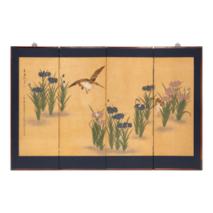 C. 1970s Japanese Style Painted Folding Screen "Pond Herons and Irises"