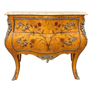 Louis XV–Style Floral-Painted Burl Bombe Commode For Sale