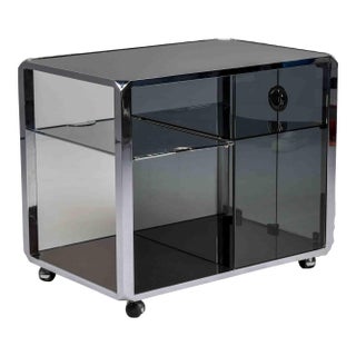 Willy Rizzo Italian Smoked Glass and Chrome Rolling Bar Trolley, Circa 1970s For Sale