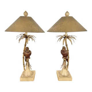 Late 20th Century Hollywood Regency Ivory Tole Palm Tree Lamps With Gilt Parrots - a Pair For Sale