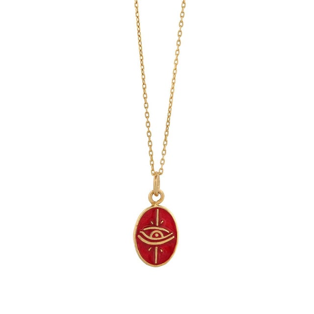 Gold Minimalist Red Enamel Evil Eye Pendant Gold Chain Necklace For Sale - Image 8 of 8
