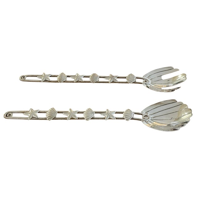 Emilia Castillo silverplate salad serving utensil set featuring openwork handles decorated with starfish and seashell...
