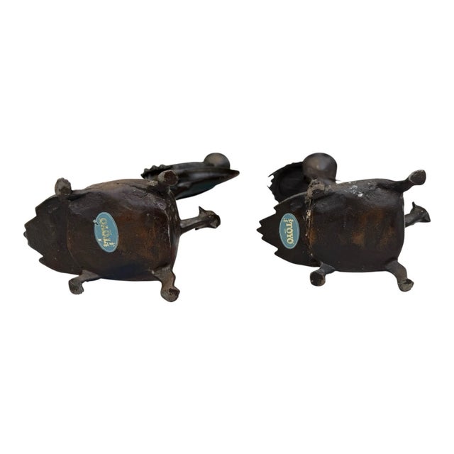 Metal Vintage MCM Cast Iron Crane Heron Candlestick Holders Turtle Base Japan Pair For Sale - Image 7 of 18