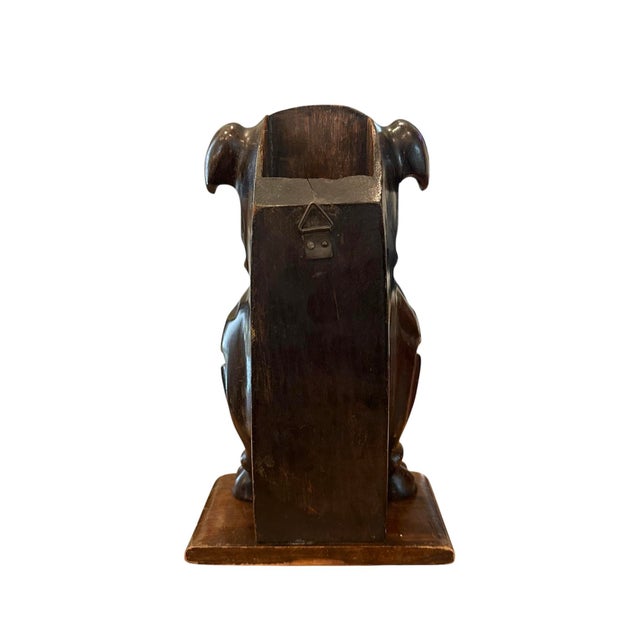 Antique French Walnut Hand Carved English Bulldog Brush Stand / Valet / Matchstick Holder With Amber Glass Eyes, Iris Apfel Owned For Sale - Image 4 of 8
