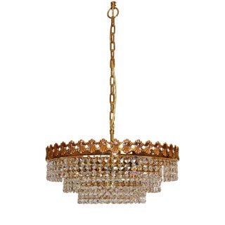 Vintage Brass, Lead Crystal, and 24k Gold-Plated Chandelier from Sölken Leuchten, 1970s For Sale