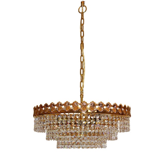Vintage Brass, Lead Crystal, and 24k Gold-Plated Chandelier from Sölken Leuchten, 1970s For Sale
