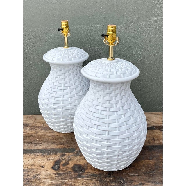 Vintage Plaster Woven Rattan Lamps - A Pair For Sale - Image 10 of 12
