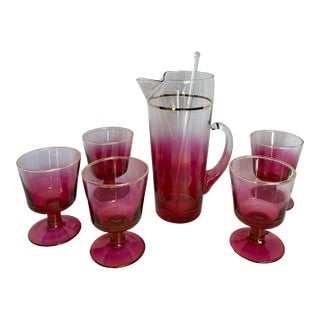 Mid-Century Raspberry Ombre Glass Barware Set, Attributed to Blendo For Sale