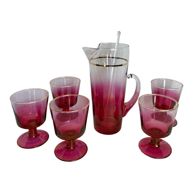Mid-Century Raspberry Ombre Glass Barware Set, Attributed to Blendo For Sale
