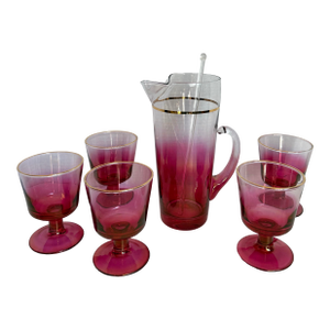 Mid-Century Raspberry Ombre Glass Barware Set, Attributed to Blendo