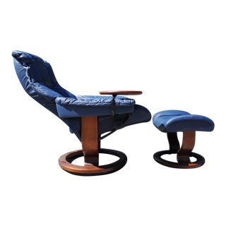 Ekornes Blue Leather Stressless Mayfair Chair & Ottoman For Sale