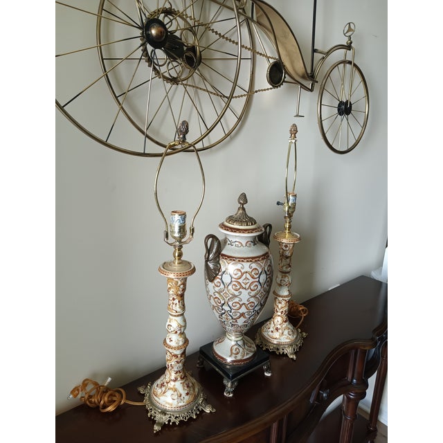 1950s Vintage French Renaissance Rococo Table Lamps & Longwy-Style Ceramic Urn - Set of 3 For Sale - Image 5 of 12
