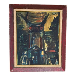 1950s Watercolor Painting, Abstract Architectural Landscape, Signed For Sale