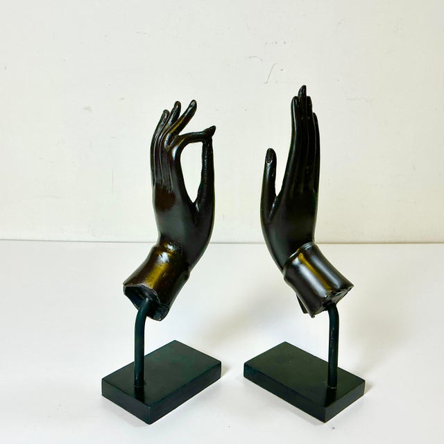 Mid-Century Asian Boho Chic Cast Metal Buddha Hand Sculpture - Set of 2. For Sale - Image 9 of 13