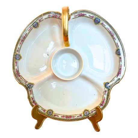 Vintage Limoges Porcelain Divided Gold Handled Dish, Circa 1960 For Sale