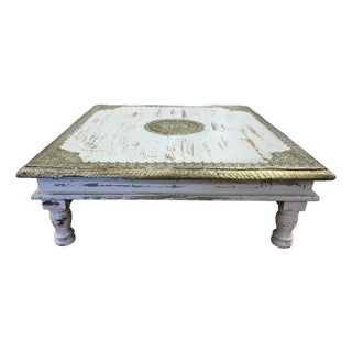 1990s Distressed White & Gold Ornate Chowki For Sale