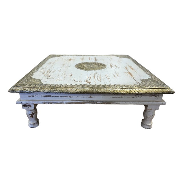 1990s Distressed White & Gold Ornate Chowki For Sale