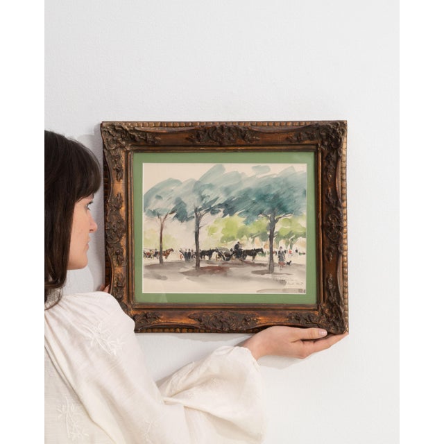 This 1940s drawing from France is a watercolor, housed in a wood and glass frame. Its form follows honest, well-...
