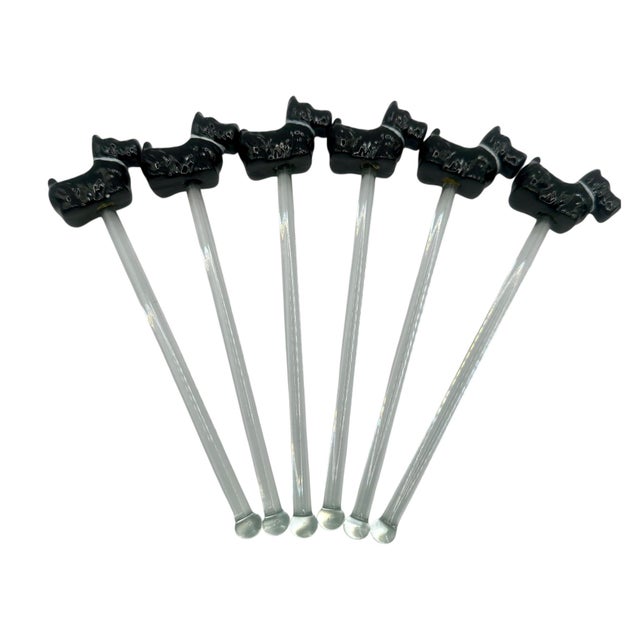 Vintage Glass Cocktail Glass Swizzle Sticks With Black Scottie Dog Figurine Toppers - A Set of 12 For Sale - Image 12 of 12