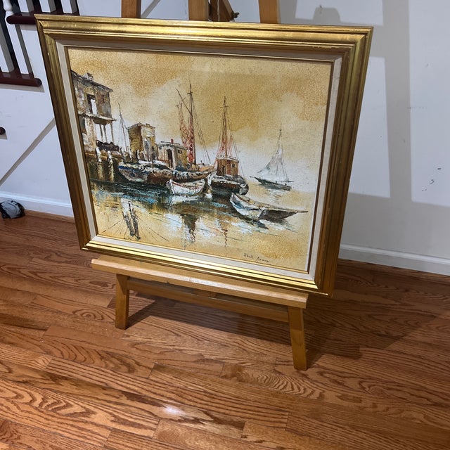 1970s Modern American Seascape Impressionist Style Oil on Canvas Titled Boats in the Harbour Framed Signed For Sale - Image 12 of 12