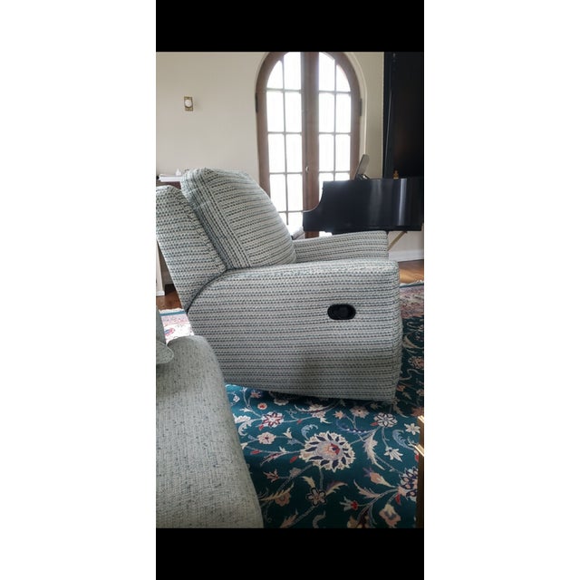 Brand new Century Furniture swivel rocking recliner in custom Kravet ivory and teal fabric. LR-C1007-9M - Aubry Swivel...
