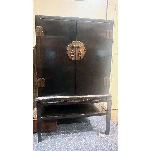 Chinese 1990s Altfield Hong Kong Chinese Black Lacquer Wedding Cabinet on Stand For Sale - Image 3 of 15