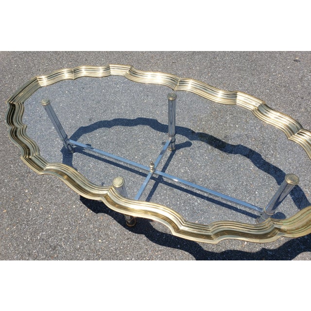 Metal Scalloped Brass and Polished Steel Chrome Glass Top Cocktail Coffee Table For Sale - Image 7 of 9