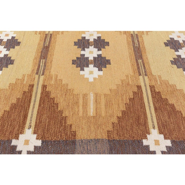 Vintage Swedish Flat Woven Rug by Ingegerd Silow Size: 5'3" × 8'0" (160 × 243 cm) Color: Beige, Brown, Gold, Gray, Yellow...