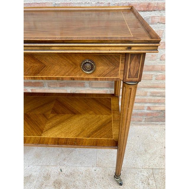 Neoclassic French Marquetry Side Table With One Drawer And Wheels 1940s For Sale - Image 16 of 18