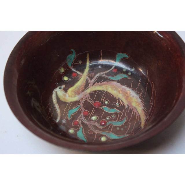 1950s Mid-Century Dutch Modern Hand-Painted Enamel on Copper 'Peacock' Bowl For Sale - Image 5 of 8