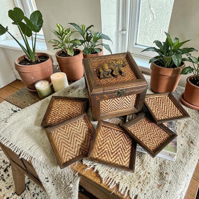 Discover the charm of this Vintage Thai Woven Wooden Box set, featuring intricate craftsmanship and a delightful elephant...