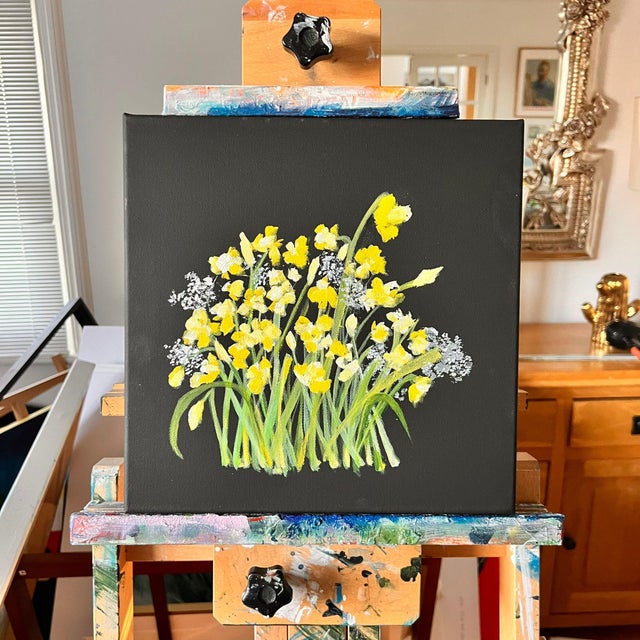 Grandads Daffodils English Traditional Acrylic on Canvas Painting by Shabs Beigh For Sale - Image 4 of 6