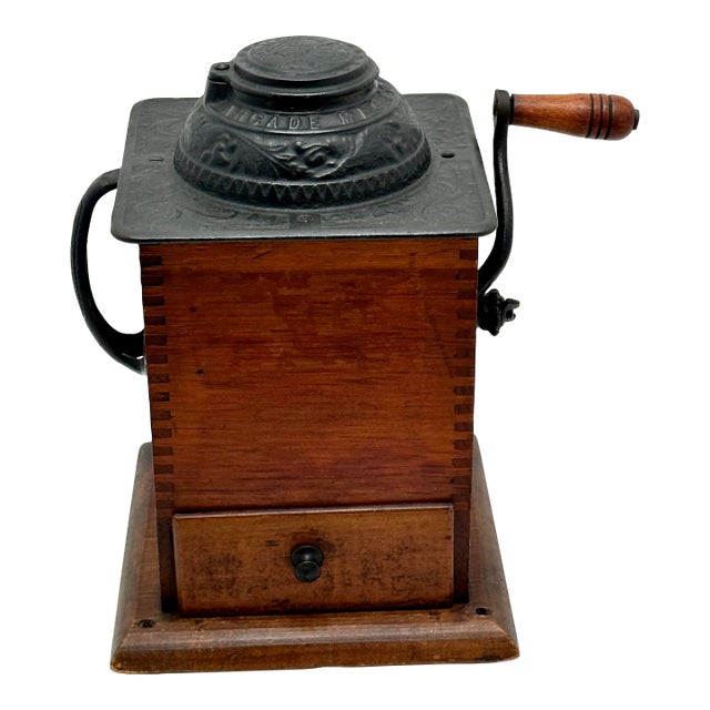 Unusual Antique American Cast Iron & Wood Hand Crank Coffee Grinder - Circa Late 19th Century For Sale